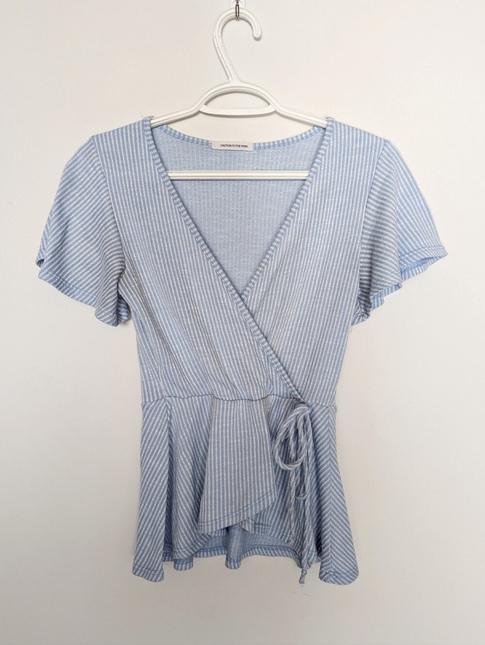 Caution To The Wind - Light Blue White Striped Faux Wrap Blouse Flutter Sleeve
